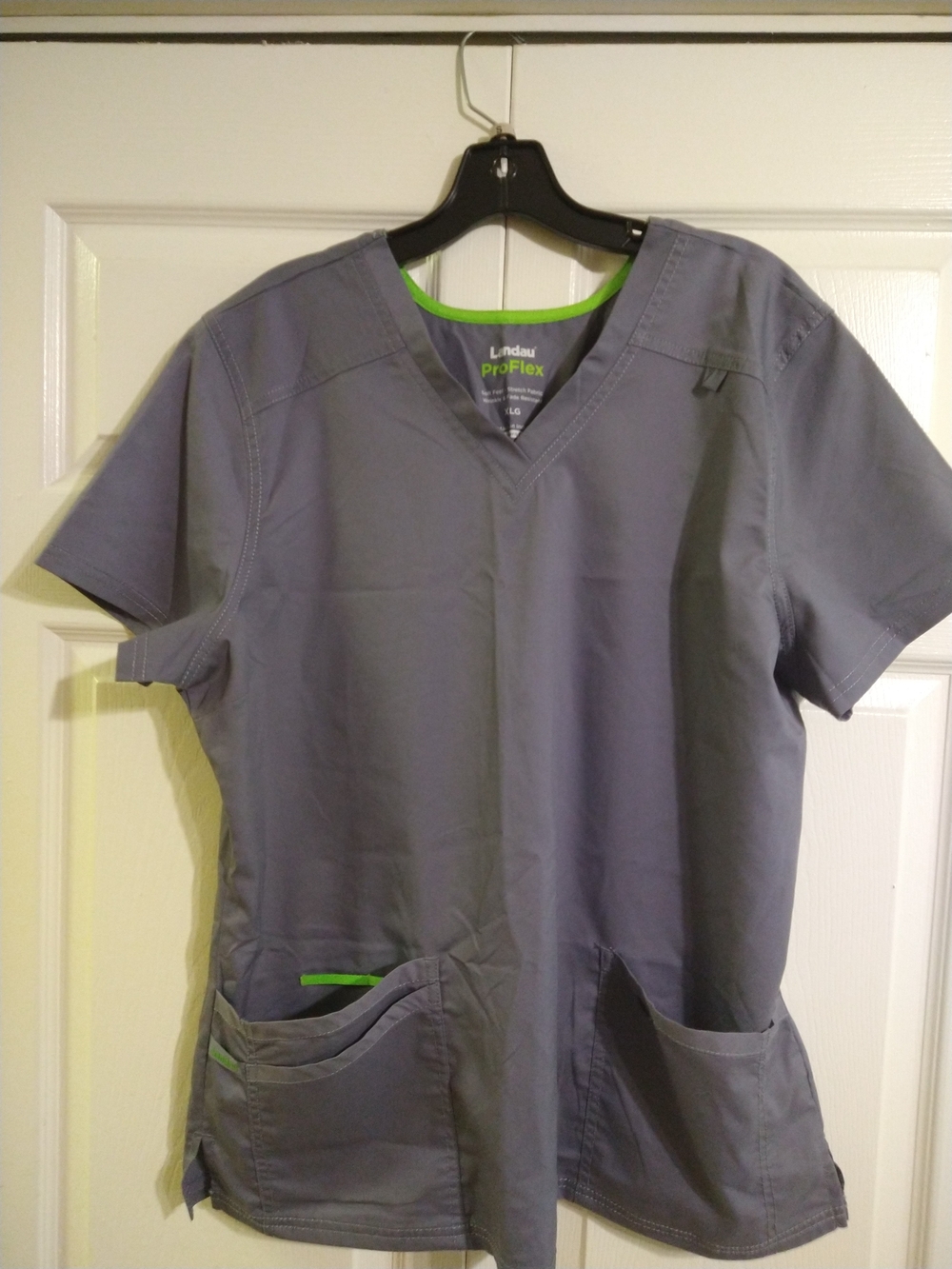 Landau ProFlex Gray V-Neck Scrub Top with Green Trim